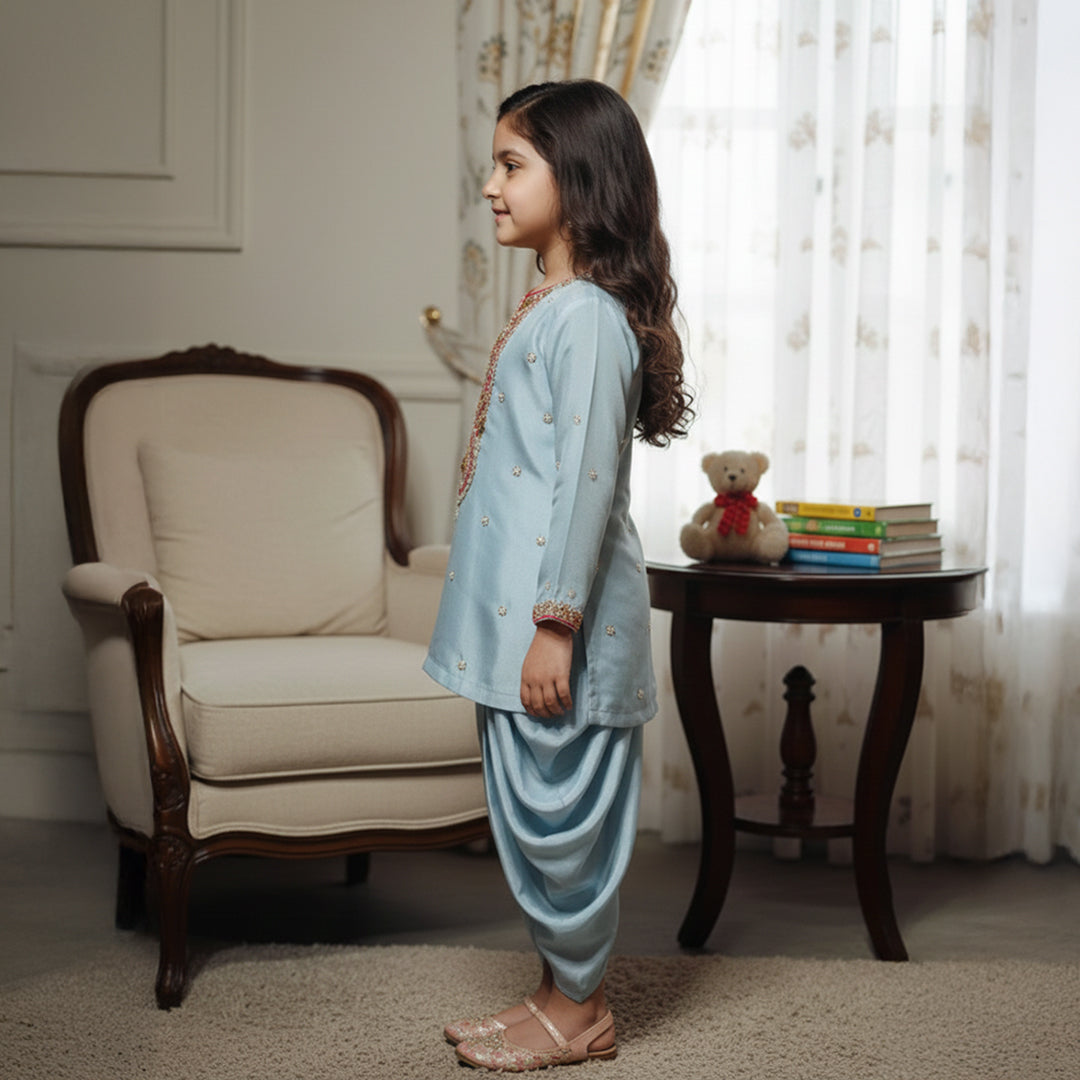 Blue Embroidered Kurti With Tulip Style Dhoti