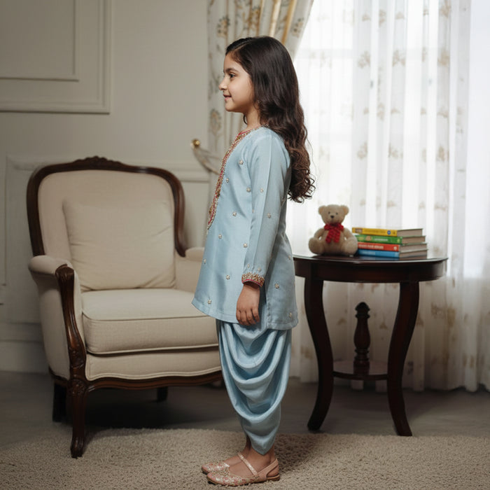 Blue Embroidered Kurti With Tulip Style Dhoti