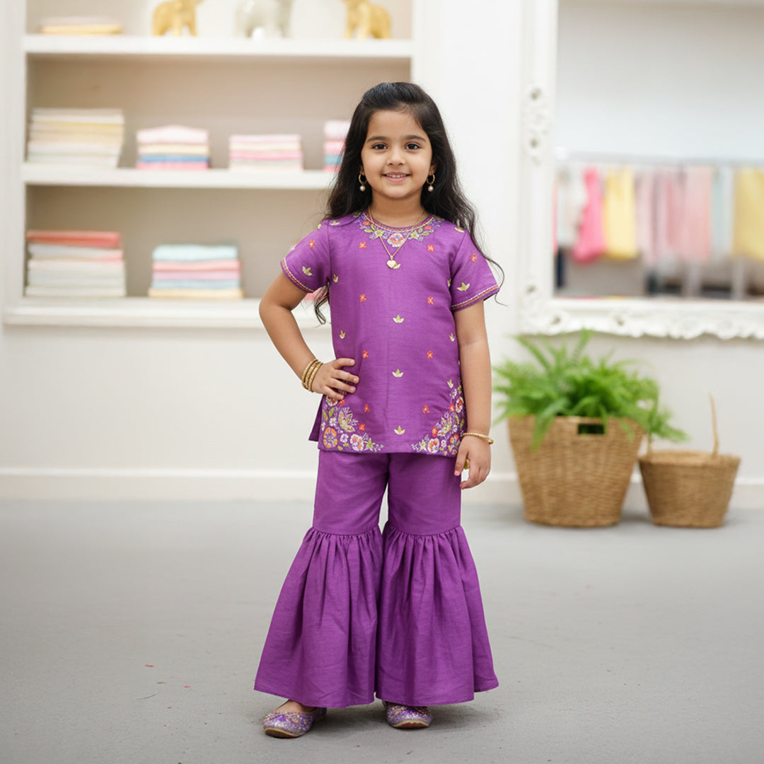 Purple Embroidered Kurti With Purple Sharara