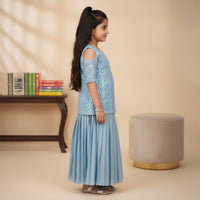 Blue Sequin Embroidered Kurti With Pleated Lehenga