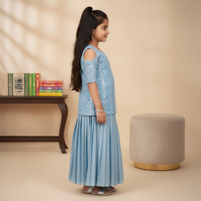 Blue Sequin Embroidered Kurti With Pleated Lehenga