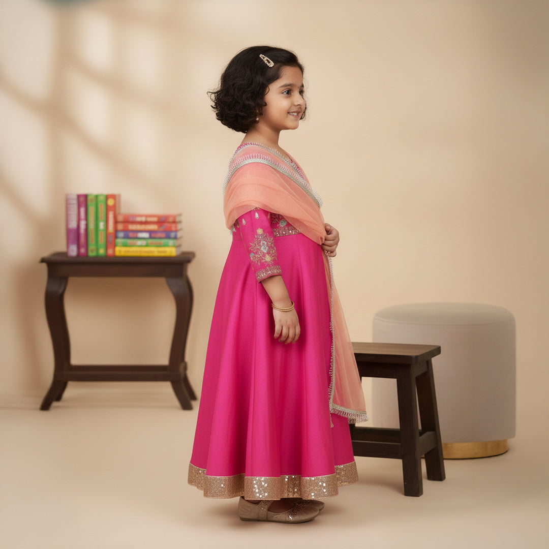 Pink Anarkali With Embroidered Yoke and Peach Dupatta