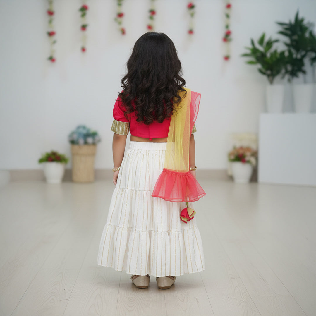 Pink Top With Puff Sleeves and White Lehenga