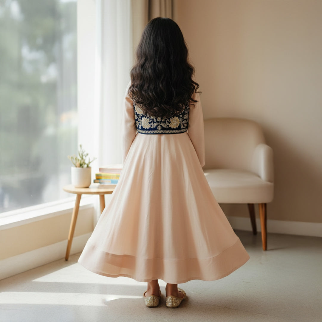 Ivory Colour Anarkali With Embroidered Neck and Blue Embroidered Jacket