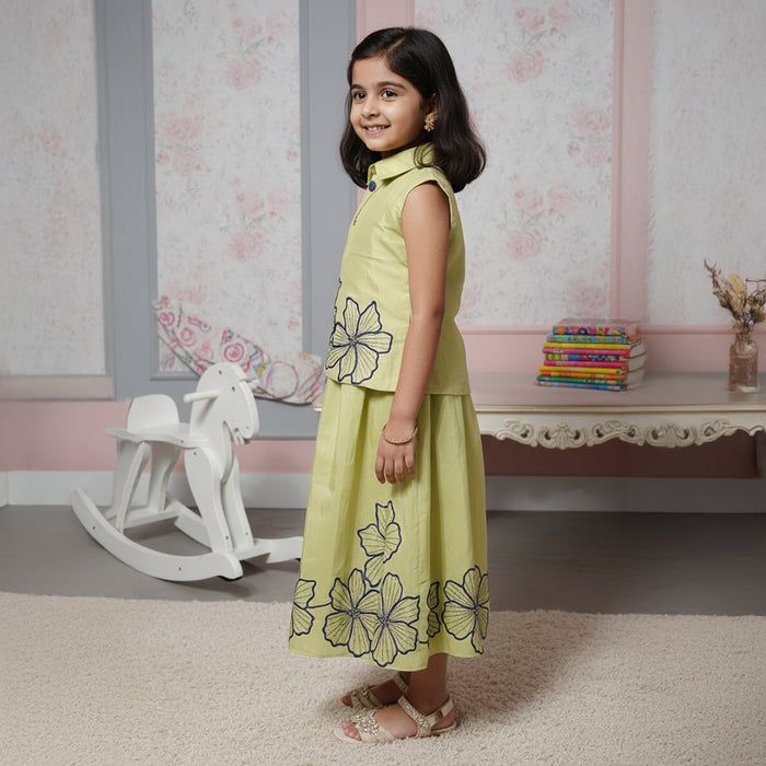 Floral Embroidered Shirt-style Top with Matching Skirt