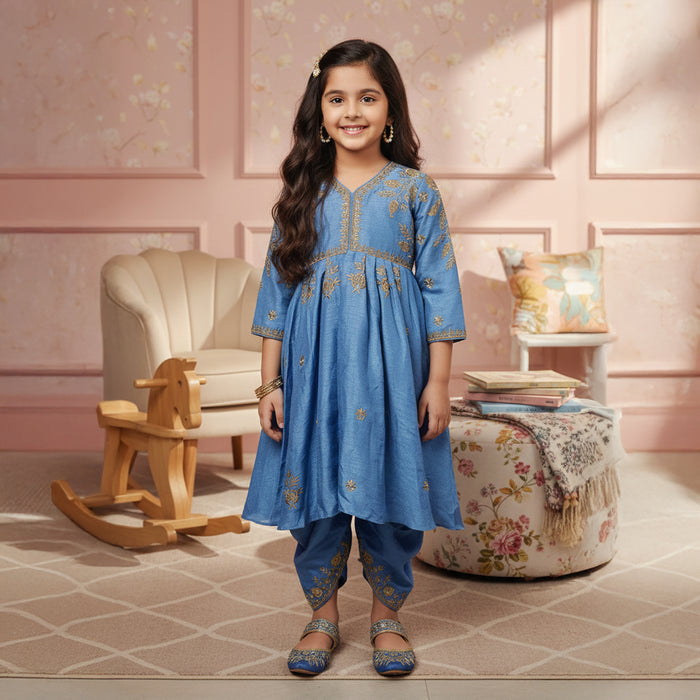 Blue Anarkali Style Kurti With Matching Pants