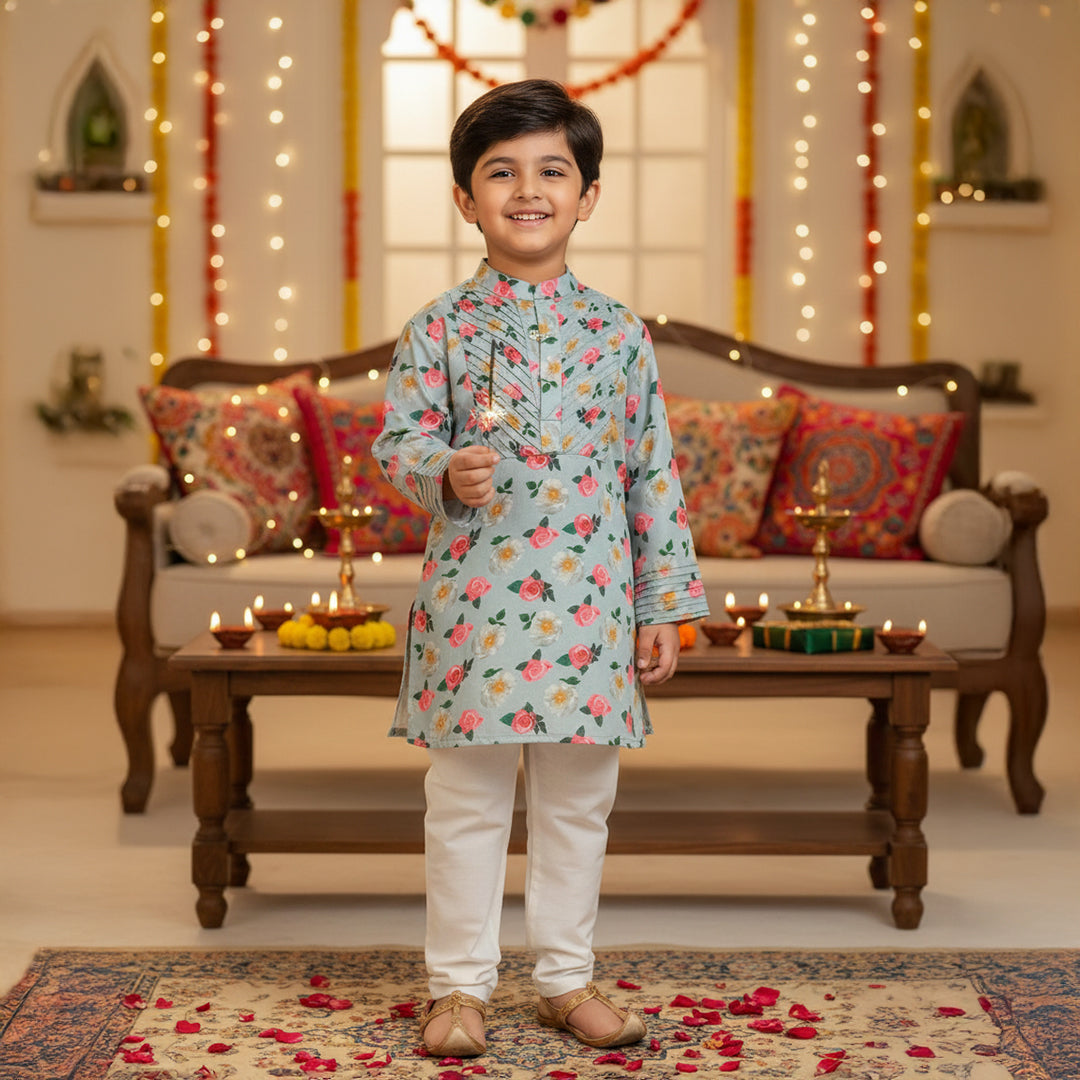 Grey Floral Print Pleated Kurta Set