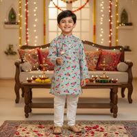 Grey Floral Print Pleated Kurta Set