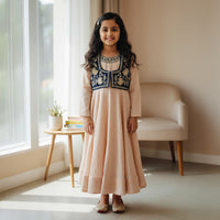Ivory Colour Anarkali With Embroidered Neck and Blue Embroidered Jacket