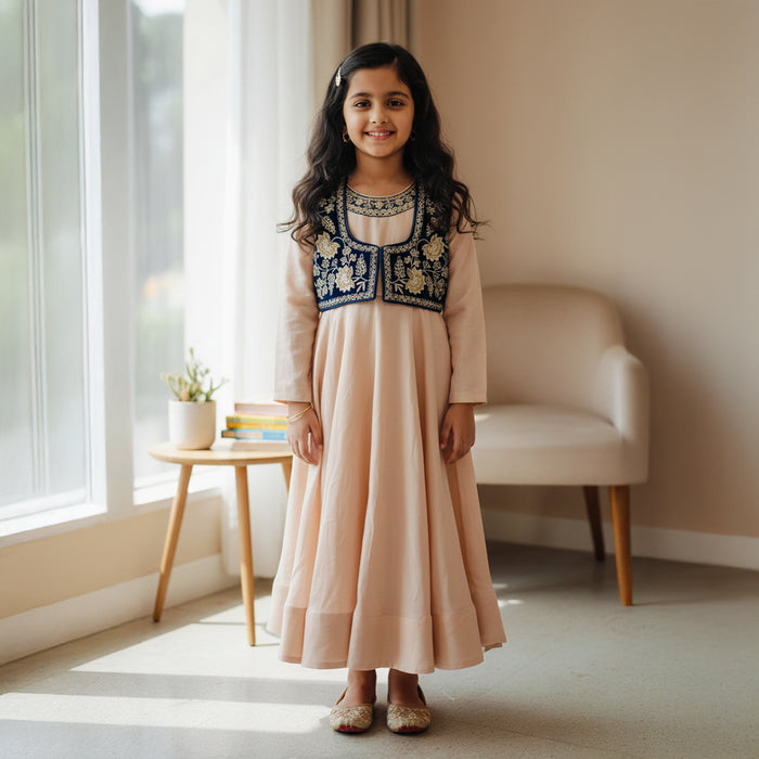 Ivory Colour Anarkali With Embroidered Neck and Blue Embroidered Jacket