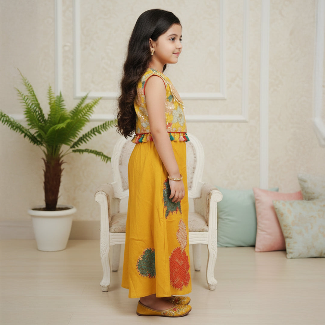 Yellow Self Sequin Embroidery Top With Pant