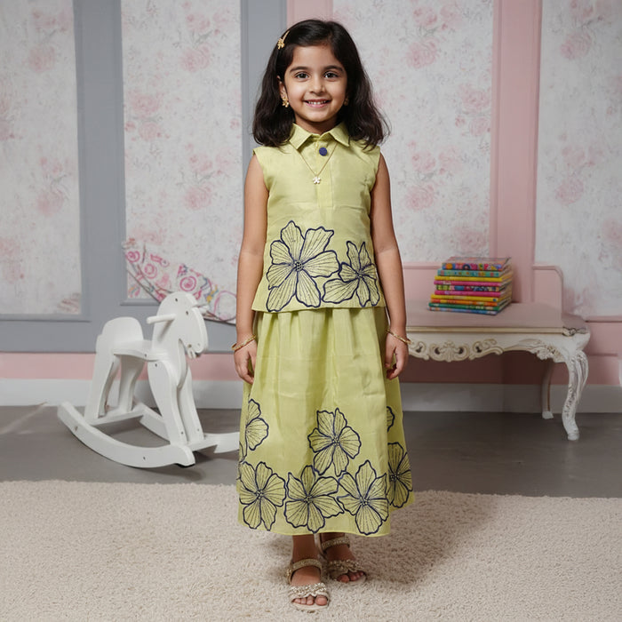 Floral Embroidered Shirt-style Top with Matching Skirt