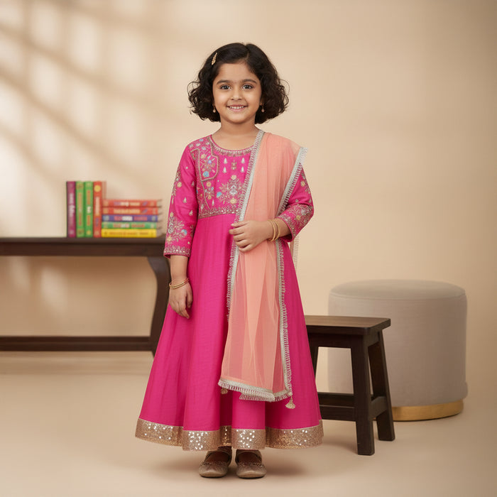 Pink Anarkali With Embroidered Yoke and Peach Dupatta