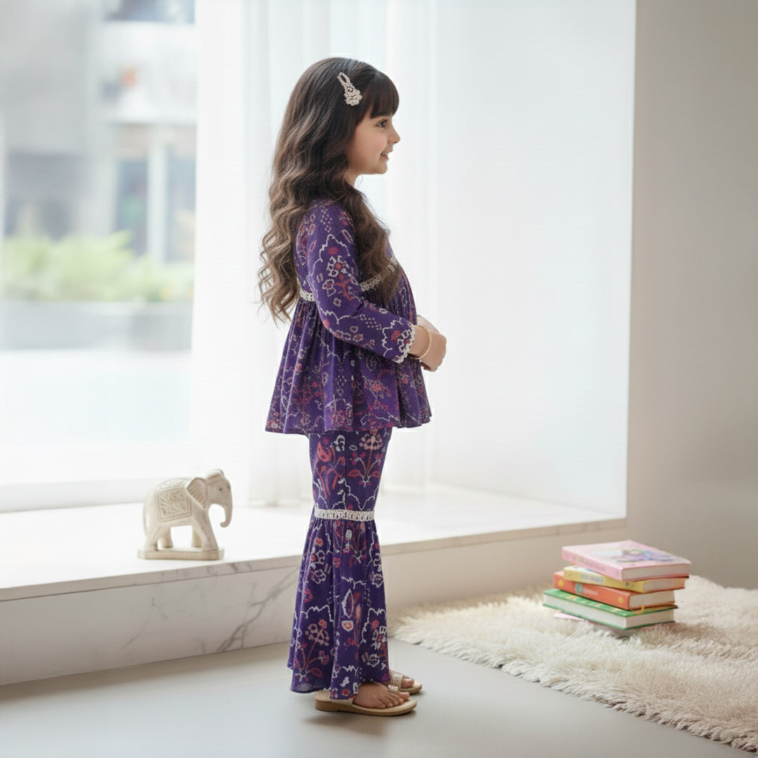 Purple Printed Peplum Top With Matching Sharara