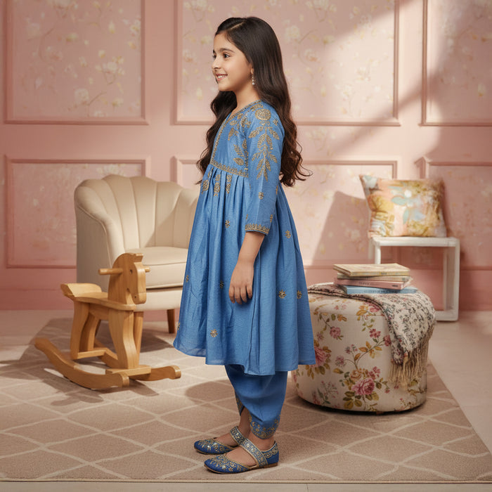 Blue Anarkali Style Kurti With Matching Pants