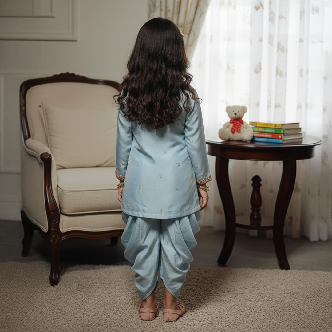 Blue Embroidered Kurti With Tulip Style Dhoti