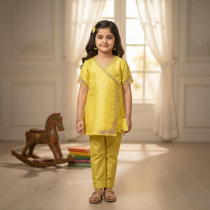 Yellow Angarkha Style Kurti With Pants