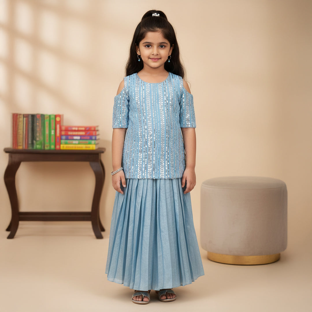 Blue Sequin Embroidered Kurti With Pleated Lehenga