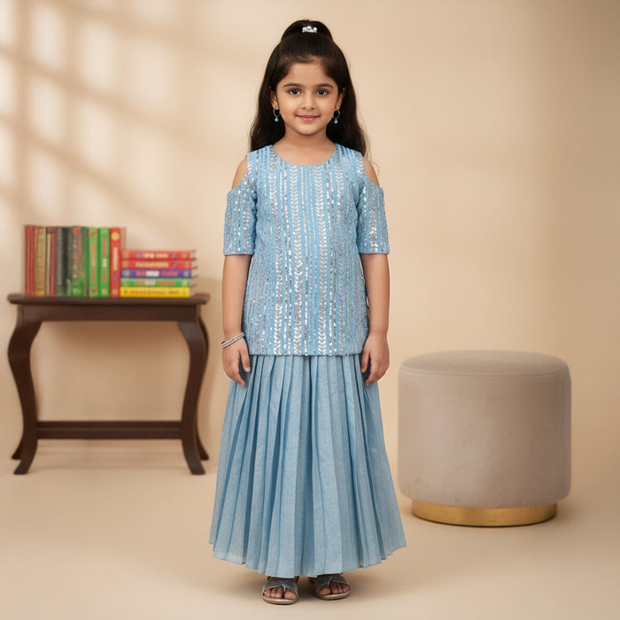 Blue Sequin Embroidered Kurti With Pleated Lehenga