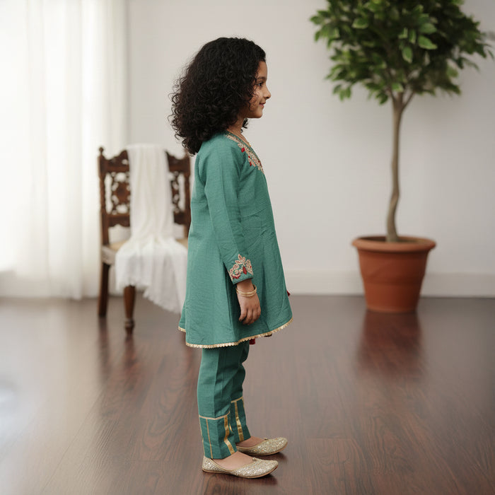 Green Embroidered Anarkali Kurti With Pants