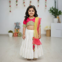 Pink Top With Puff Sleeves and White Lehenga
