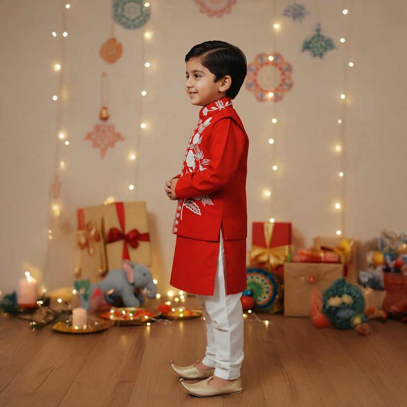 Red Kurta With Heavy Embroidered Jacket Set