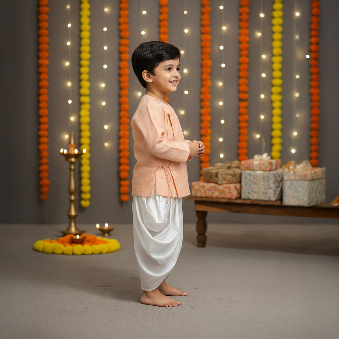 Peach Asymmetrical Self Embroidery Kurta Dhoti Set