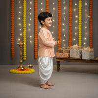 Peach Asymmetrical Self Embroidery Kurta Dhoti Set