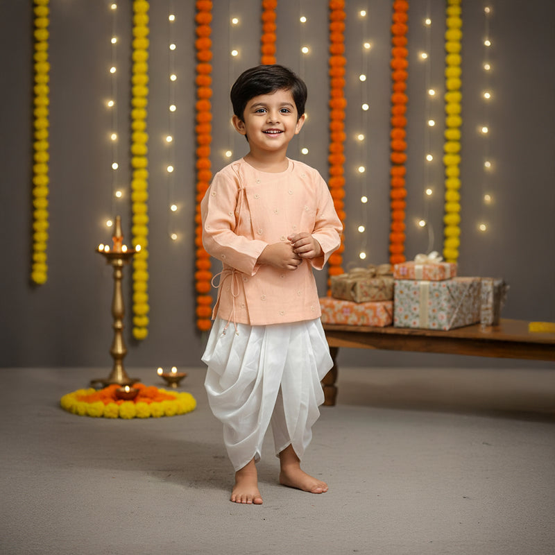 Peach Asymmetrical Self Embroidery Kurta Dhoti Set