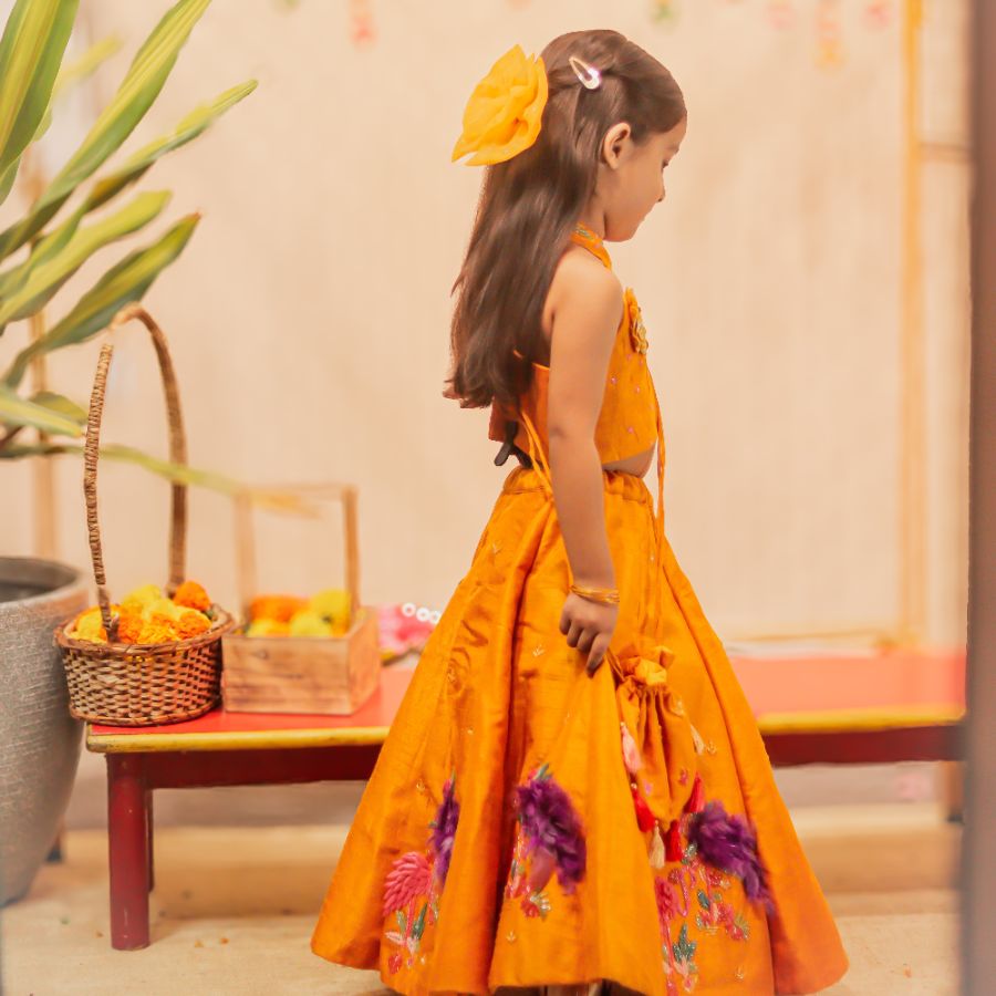 Orange Halter Neck Top and Flamingo Embroidered Lehenga