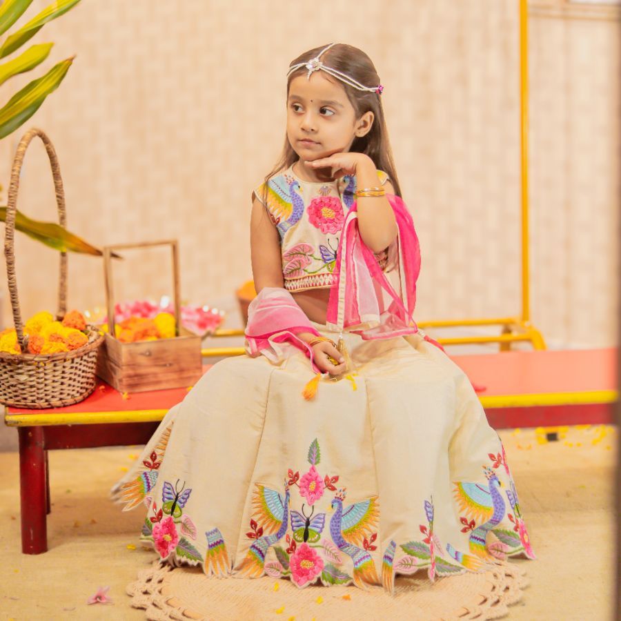 Cream Heavy Peacock Embroidered Top and Lehenga With Dupatta