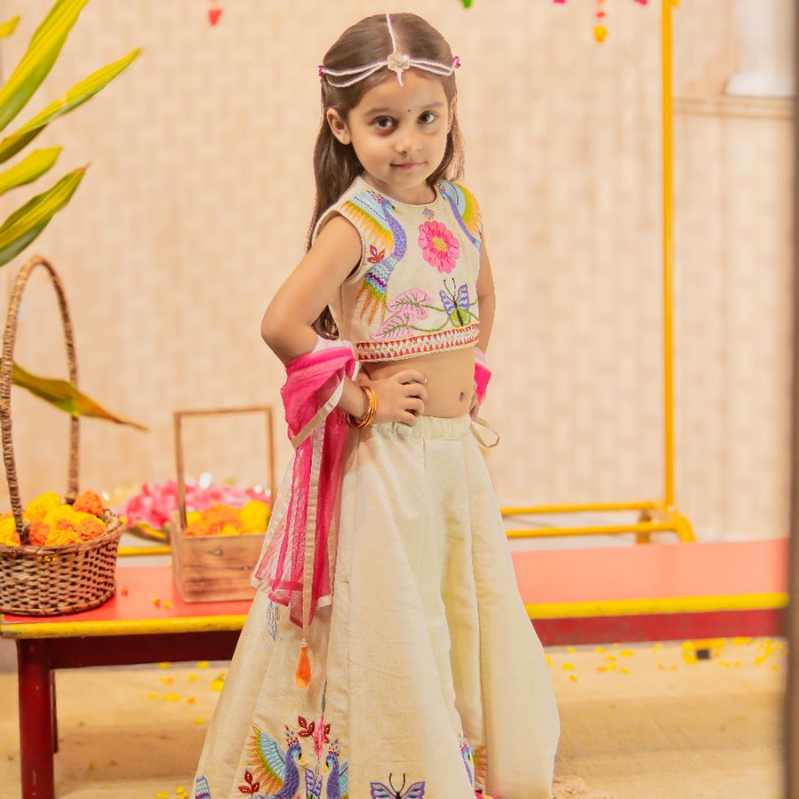 Cream Heavy Peacock Embroidered Top and Lehenga With Dupatta