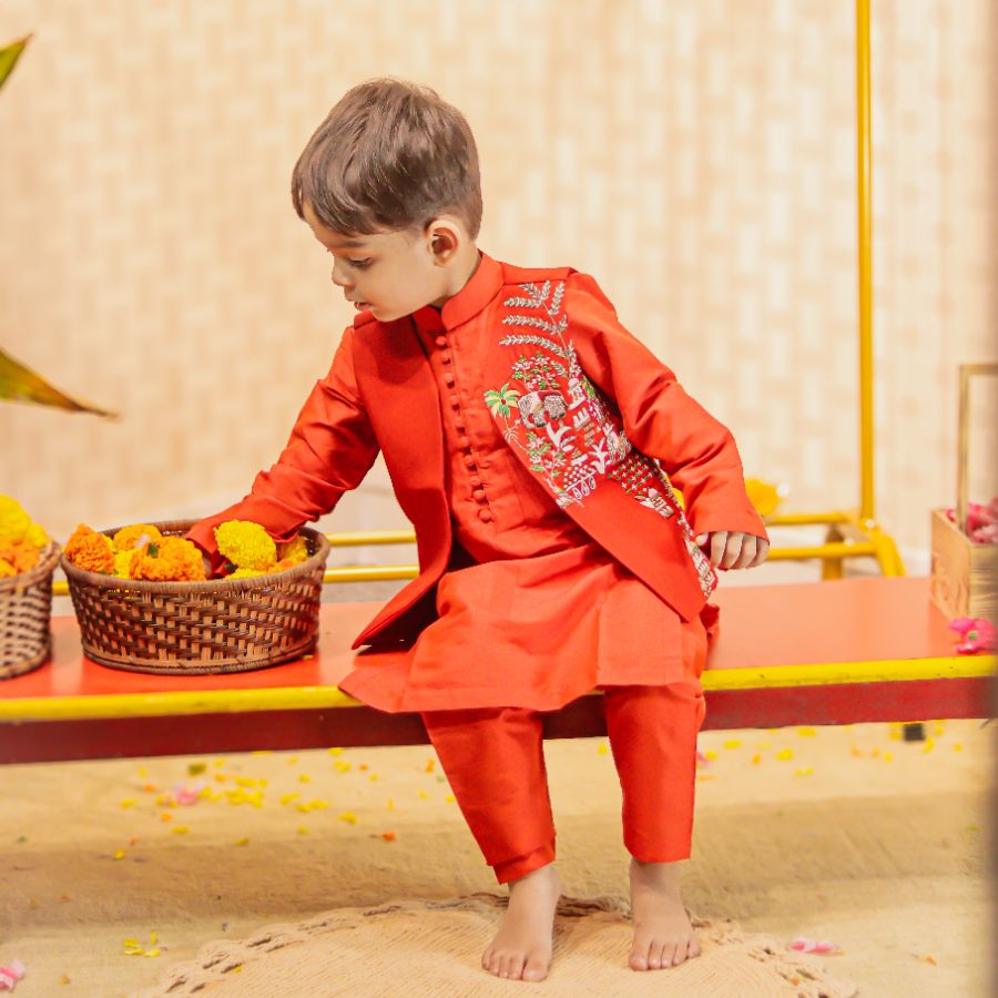 Red Kurta Pant with Embroidered Front Open Jacket