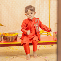 Red Kurta Pant with Embroidered Front Open Jacket