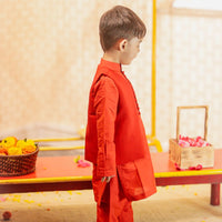 Red Kurta Pant with Embroidered Front Open Jacket