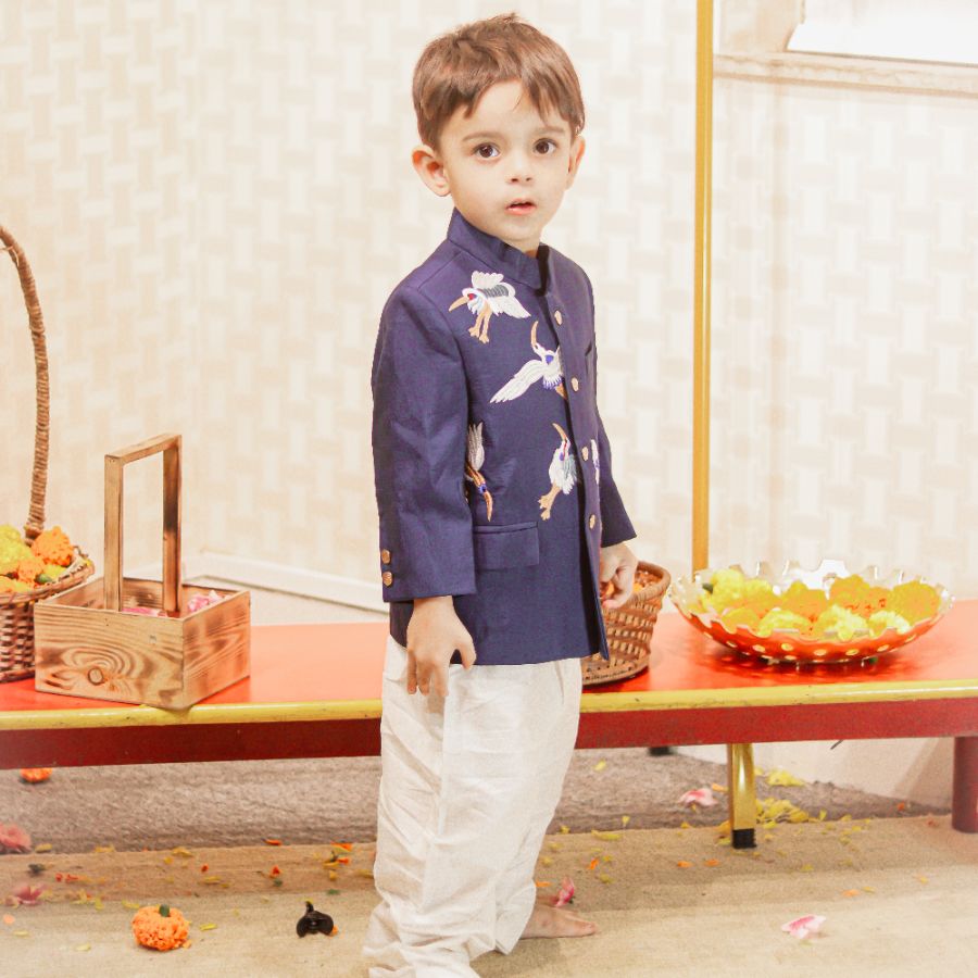 Blue Bird Embroidered Bandgala With Off White Pyjama