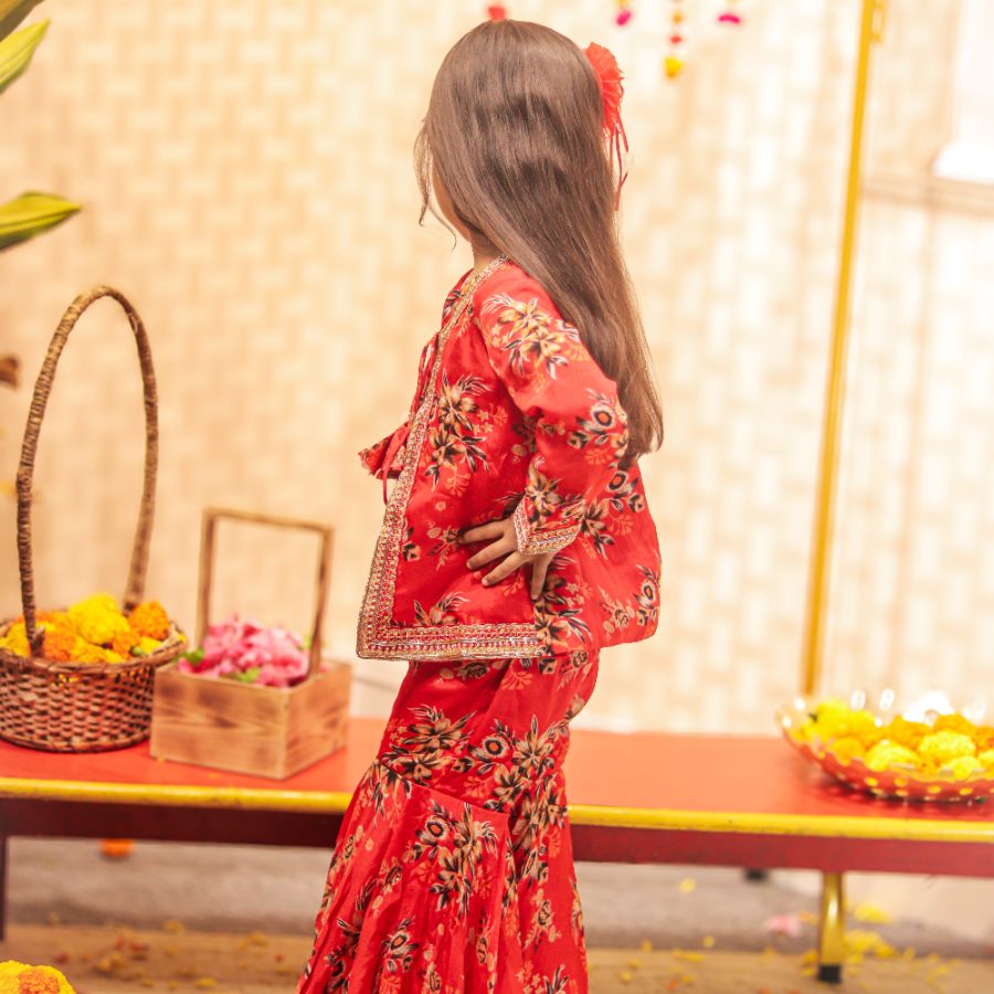 Red Floral Printed Top With Tie Up Jacket and Sharara