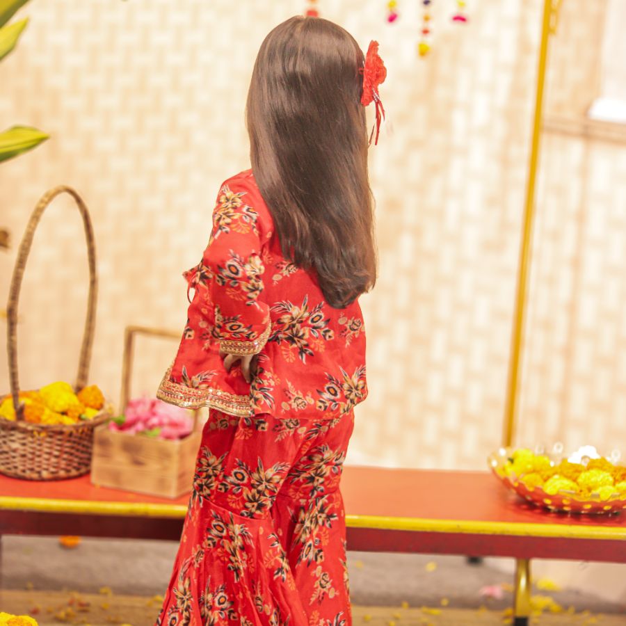 Red Floral Printed Top With Tie Up Jacket and Sharara