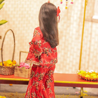Red Floral Printed Top With Tie Up Jacket and Sharara