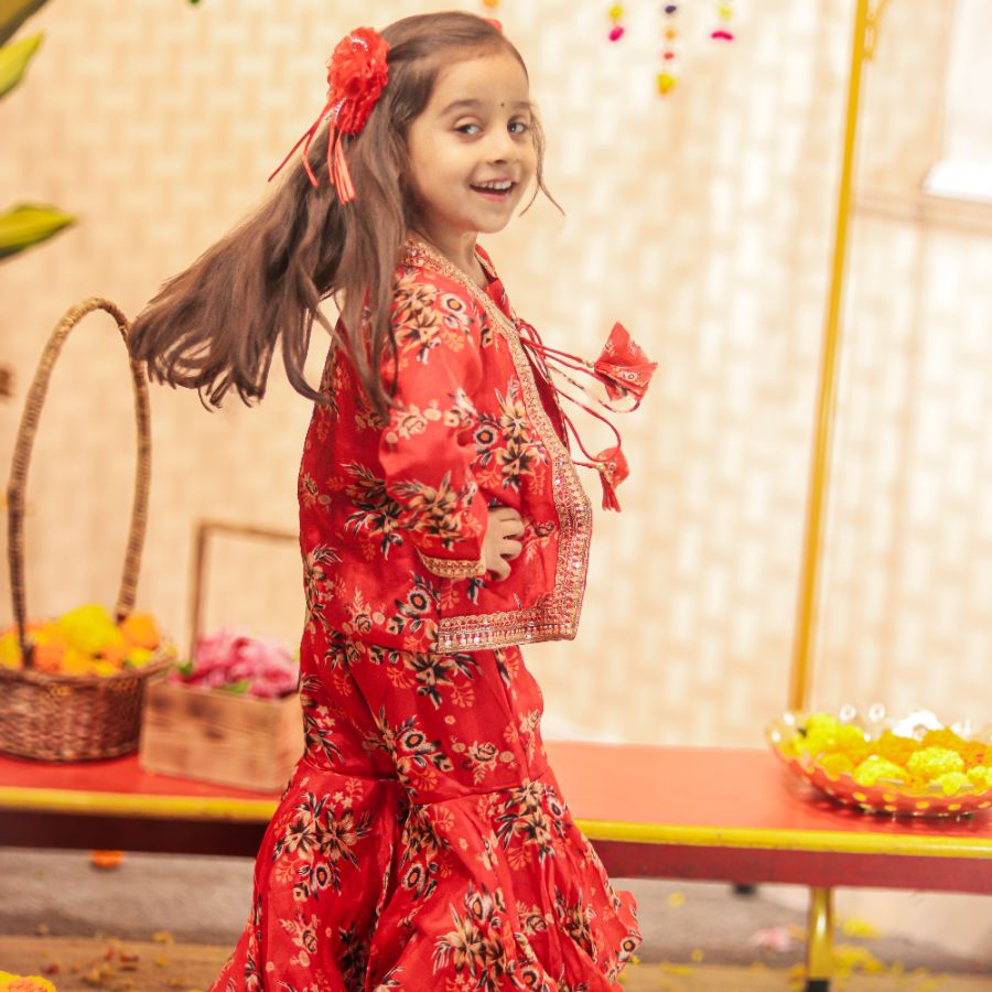 Red Floral Printed Top With Tie Up Jacket and Sharara