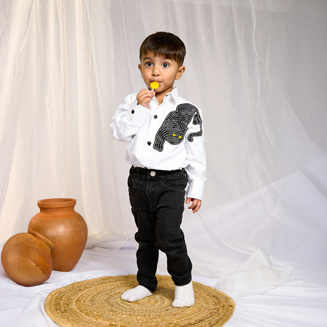 White Leopard Embroidered Shirt