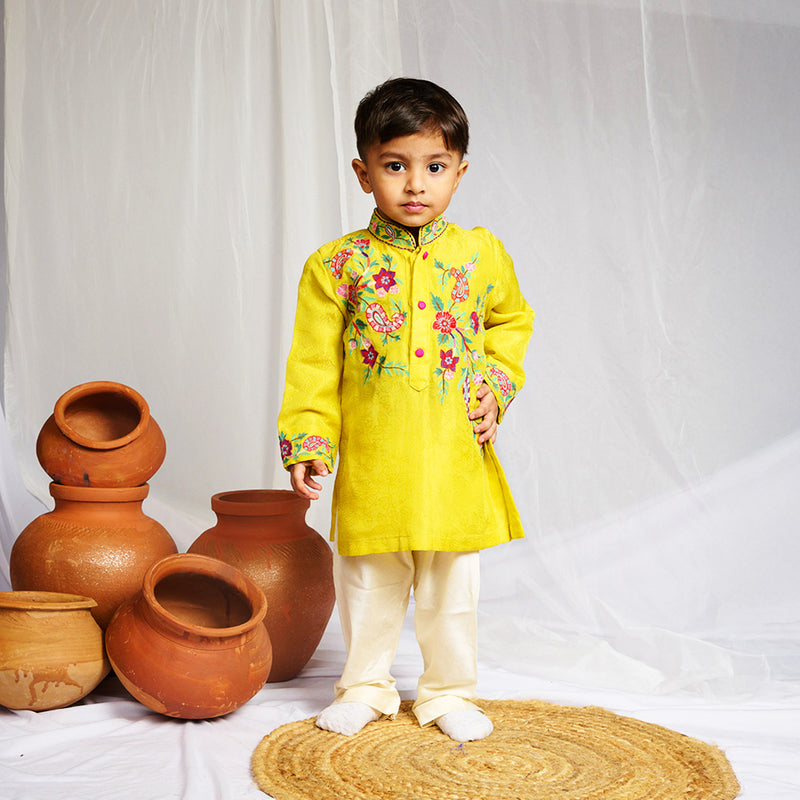Yellow Floral Embroidery Kurta Set