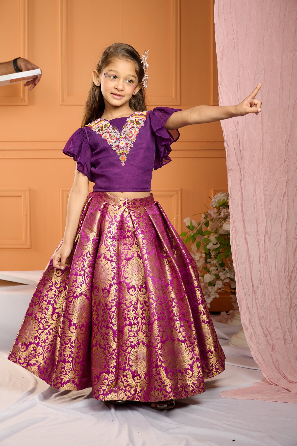Purple Embroidered Top with Brocade Lehenga
