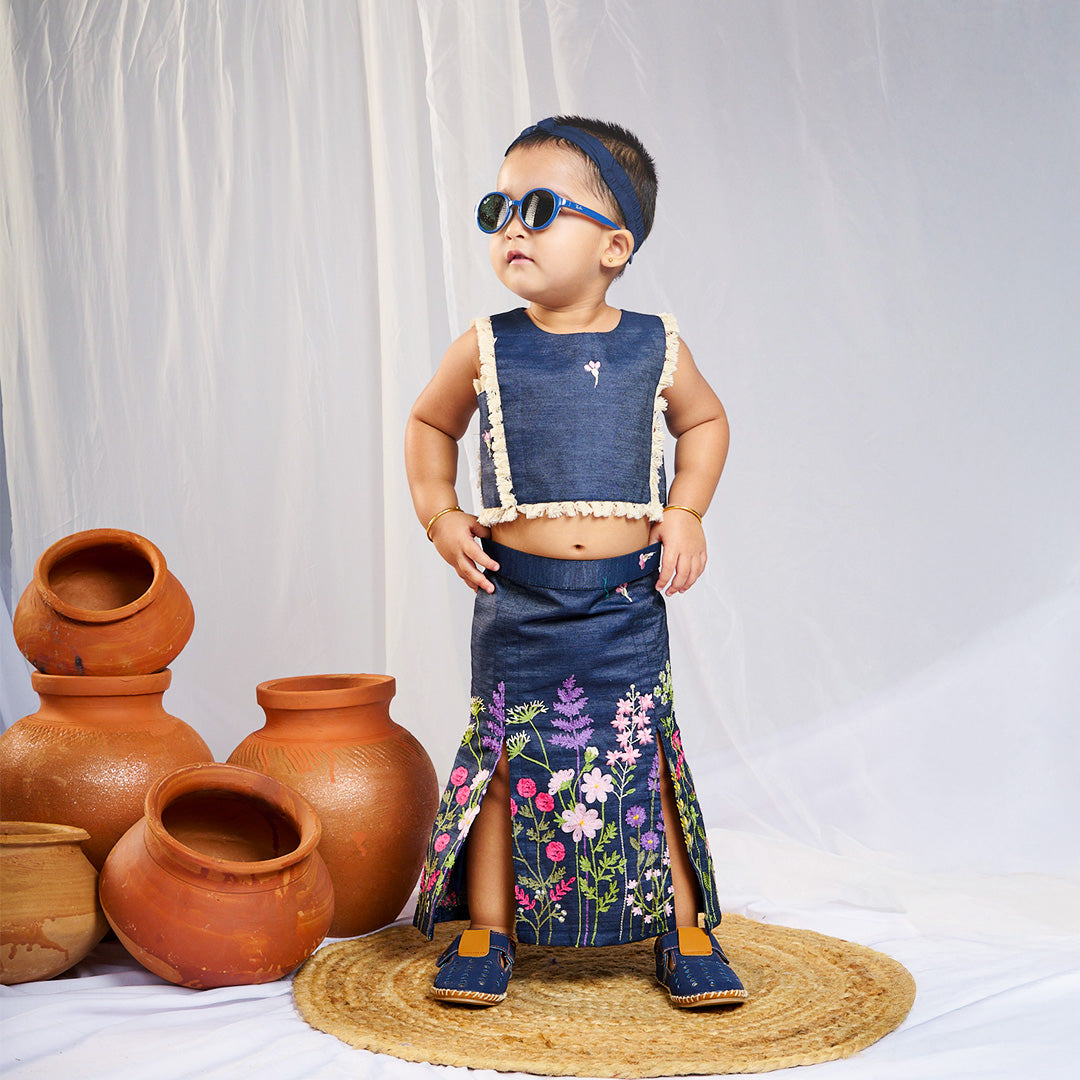 Denim Embroidered Top Skirt