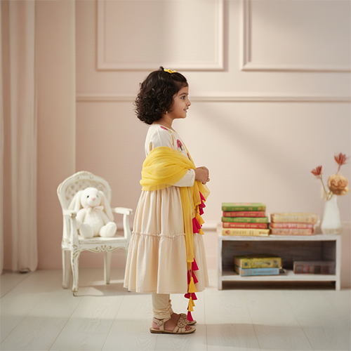 Beige Peacock Embroidered Anarkali With Dupatta Set