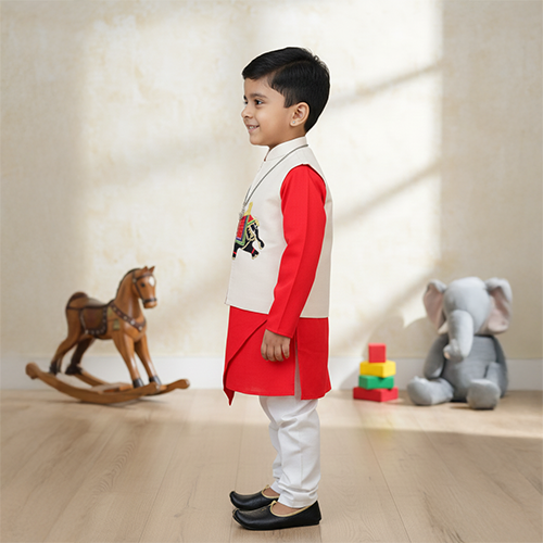 Red Asymmetrical Kurta with White Embroidered Jacket with Pyjama Set