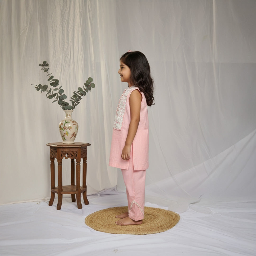 Pink Sleeveless Embroidered Kurti with Stylish Pants