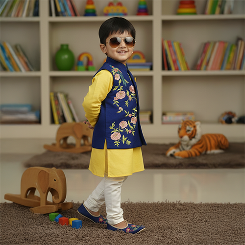 Yellow Kurta with Embroidered Jacket Pant Set