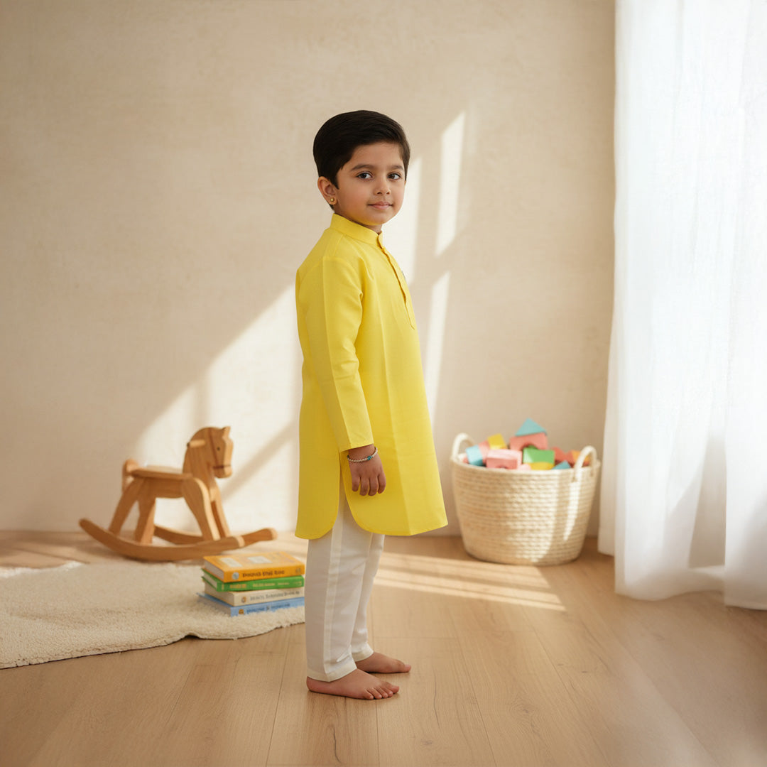 Yellow Dinosaur Embroidery Kurta Pant Set