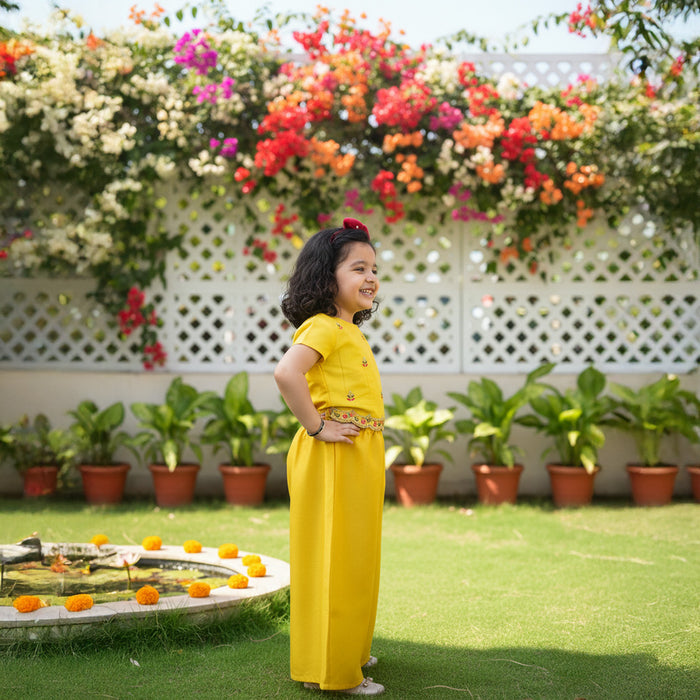 Yellow Embroidered Crop Top with Flared Pant